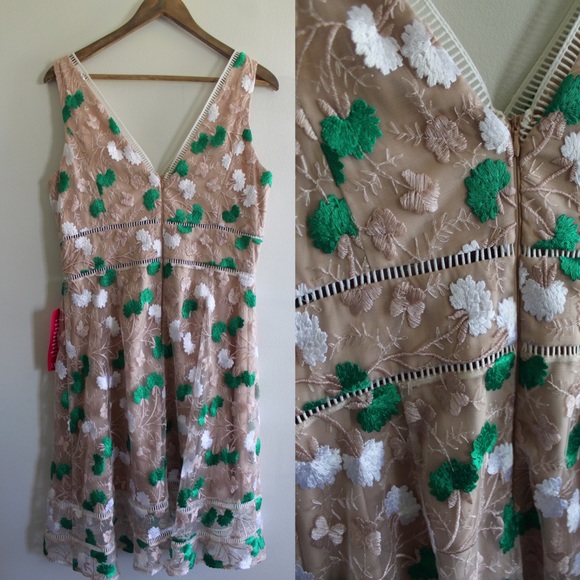 Badgley Mischka NWT Dalia Dress with Taupe Green and White Embroidery 10 - Picture 7 of 8